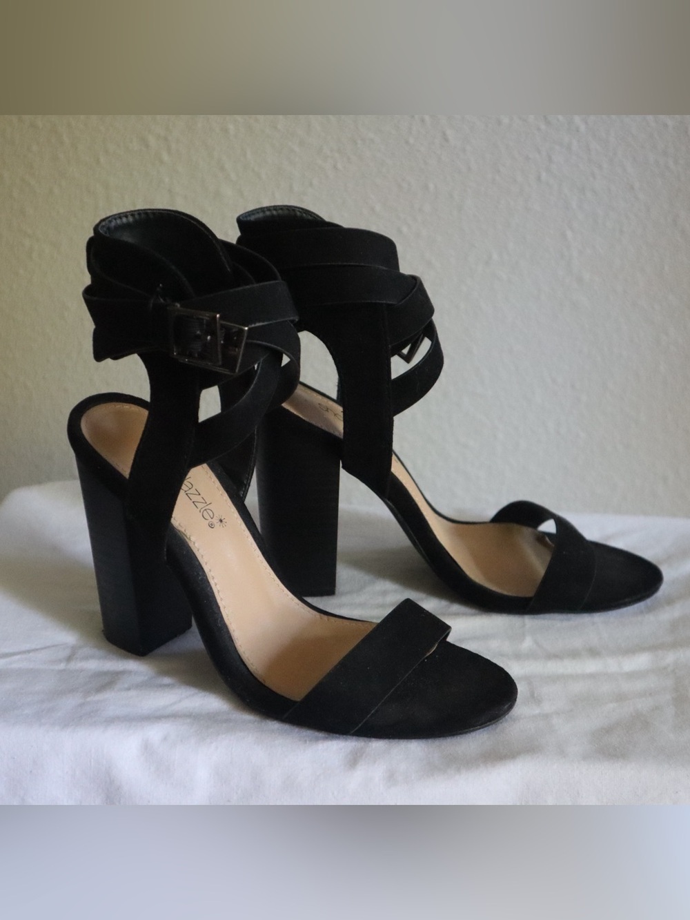 Black Suede Crisscross Ankle-Strap Block Heels